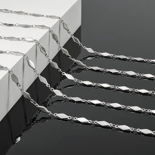 KYUNHOO 13 Feet Stainless Steel Jewelry Making Chains Bulk Rhombus Link Silver Craft Chain Necklace for Men Women with Lobster Clasps and Jump Rings - color: Rhombic Silver