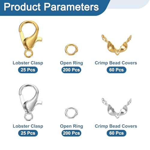uxcell 570Pcs Jewelry Making Accessories Set with 50Pcs Lobster Claw Clasps, 400Pcs Open Rings, 120Pcs Crimp Bead Covers for Jewelry Making, Gold&Silver - color: Gold&Silver