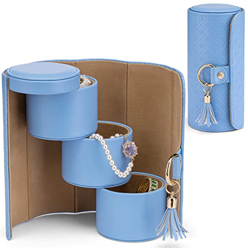 VLANDO Mother Gifts for Mom, Women, Wife - Travel Jewelry Oragnizer, 3-Layer Jewelry Storage Box, Travel Essential Accessories for Women, Gifts for Travelers Couples Mom Friends - Blue - color: Blue