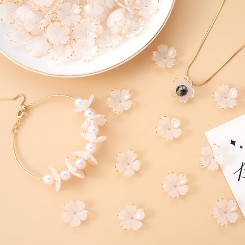 100pcs Cherry Blossom Beads, 5-Petal Gradient Acrylic Flower Beads, Mini Spacer Hair Accessories Halloween Christmas for Bracelets Earring Jewelry Making- White - color: White-B Styles