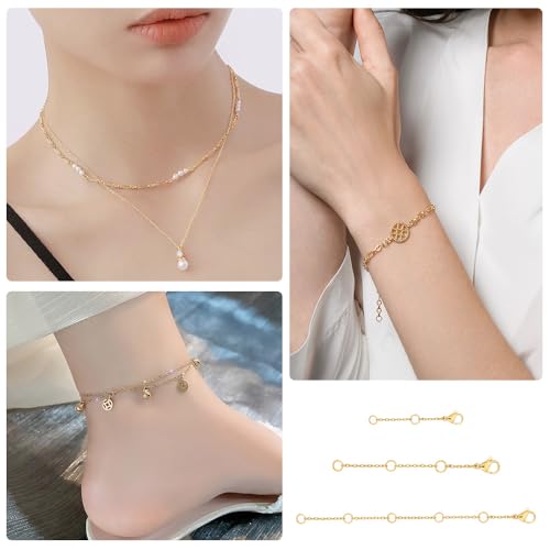 3 Pcs Necklace Extenders for Women 14K Gold Plated Necklace Extender Chain Extenders for Necklaces Anklet Bracelet Extender with Lobster Clasp Necklace Extension for Jewelry Making (1 2 3 Inch) - color: Gold