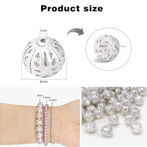 TOAOB 100pcs 8mm Silver Plated Filigree Hollow Ball Beads Round Metal Loose Spacer Beads for DIY Crafts Bracelets Necklaces Earrings Jewelry Making - color: Silver, size: 8mm