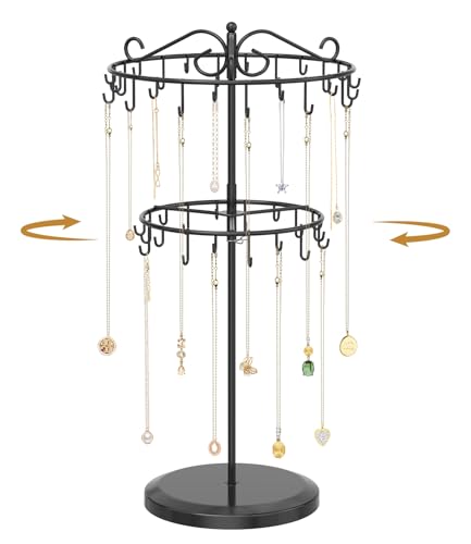 MODOWEY Necklace Holder Organizer Rotating Display, 42 Hooks Stand Adjustable Tree for Long Chain Storage, 2 Tier Tabletop Metal Hanger Rack for Men Women, No More Tangled Pendant Jewelry, Black - color: Glossy Black