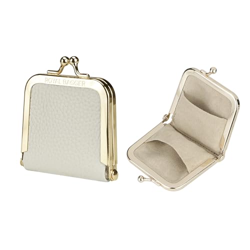 Royal Bagger Genuine Cow Leather Ultra-Slim Mini Jewelry Box, Ring & Necklace Storage, Slim Coin Purse with Kiss Lock for Women 3120 (White) - color: White