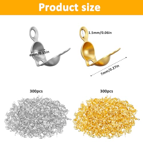 600 Pcs Metal Open Bead Tips Knot Covers, Crimp Covers, Crimping Beads End Caps, Bulk Clamshell Bead Tips for DIY Bracelet, Jewelry Making (Silver, Gold)
