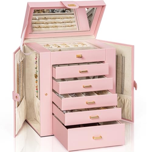 AKOZLIN 6-Tier Jewelry Box Organizer Functional Leather Jewelry Storage Case for Women Girls Ring Necklace Earring Bracelet Holder Organizer with Mirror - color: Light Pink, size: Large