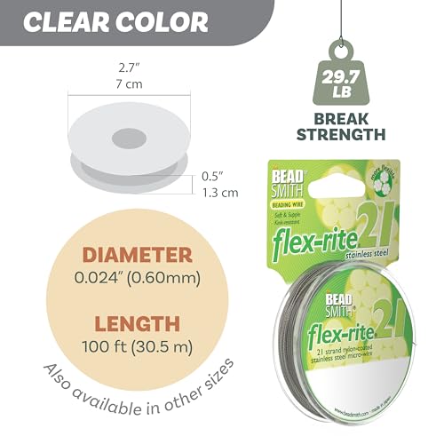 The Beadsmith Flex-Rite Beading Wire - 21-Strand Nylon-Coated Stainless-Steel Wire, 0.024" (0.60 mm) Dia, Clear, 100 ft Spool, Durable Necklace & Bracelet String, for Jewelry Making Supplies - size: .024” Dia - 100 ft