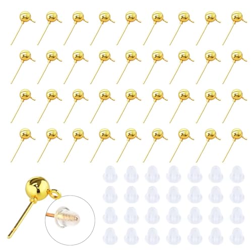 340PCS Ball Earring Studs and Backs for Jewelry Making, 140PCS Round Balls Post Earring Studs with Loop and and 200PCS Clear Backs for DIY Jewelry Making(K Gold) - color: gold