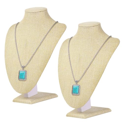Flexzion Necklace Bust Display Stand (2 Pack) - 9.6 Inch 3D Mannequin Beige Linen Necklace Display Holder for Home, Boutique & Trade Shows - Jewelry Display for Selling Necklace, Pendants, Lockets - size: Small (2 Pack)