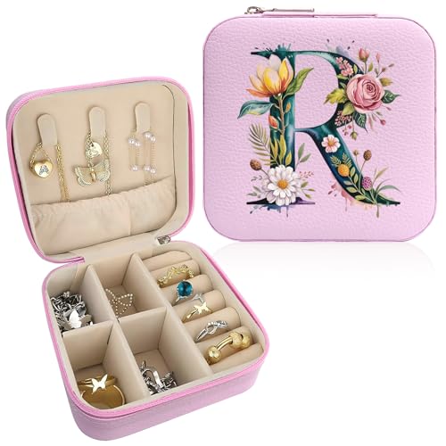 Monogram Jewelry Box Portable Print Jewelry Box, 1pcs Pink Compact Jewelry Box Travel Jewelry Case Travel Case Organizer Bag Storage Box Jewelry Holder For Necklace Earrings Rings Bracelet (Letter R) - color: Letter R
