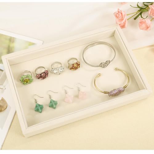 2 Pcs 9" x 5.7" Velvet Jewelry Tray Jewelry Display Tray, Stackable Empty Plate Trays for Earrings Necklaces Bracelet Rings Display Showcase - Light Khaki - color: Light Khaki, size: Flat Tray 9"x5.7"