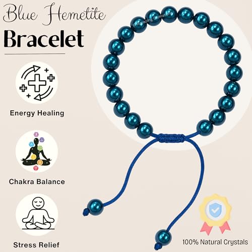 Amazing Gemstone Blue Hematite Bracelet for Women Men's Gifts - Protection Healing Crystal Bracelet - 8mm Gemstone Beaded Adjustable Bracelet Pulseras Para Hombres Mujer Stocking Stuffers - color: Blue Hematite