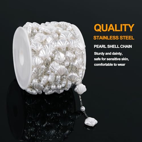 KYUNHOO 16.4 Feet Silver Chains for Jewelry Making Artificial Pearl Bead Chain on Spool with Lobster Clasps and Jump Rings - color: Shell Silver