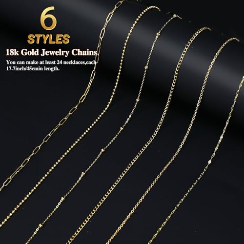 18k Gold Plated Stainless Steel Jewelry Chains Kit 39.3FT 6 Rolls Bulk (6.5FT/2M) with Letter Pendants, Colorful Charms, Pliers, Jump Rings, Lobster Clasps for DIY Necklace Bracelet Making - color: 18k Gold Plated-39.3Ft 6 Rolls