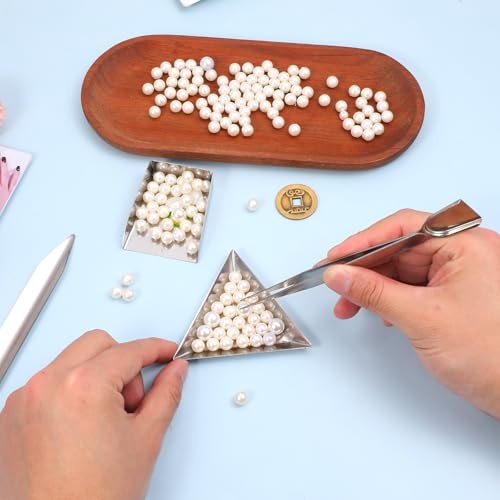 4PCS Bead Scoop, Craft Jewelry Bead Diamond Scoop Set, Stainless Steel Tweezer with Scoops and Beads Sorting Trays for Gemstones, Pearls, Rhinestones Pick up and Organizing Tools