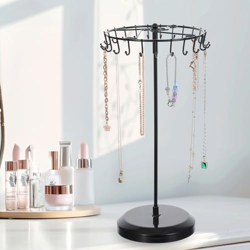 2 Pcs Rotating Necklace Holder Metal Necklace Stand Organizer for Bracelet Earring Keychain Ring Jewelry Display, 14.5 Inch with 23 Hooks (Black)