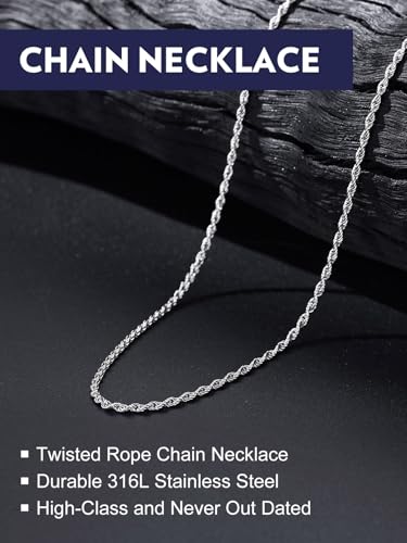 Bandmax Solid 1.5mm/2mm/3mm/6mm Rope Chains for Men Women 14K Gold Plated/Black Plated Stainless Steel Twist Chain 16-30 Inches, with Gift Box - color: 04 2MM Steel