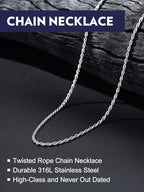 Bandmax Solid 1.5mm/2mm/3mm/6mm Rope Chains for Men Women 14K Gold Plated/Black Plated Stainless Steel Twist Chain 16-30 Inches, with Gift Box - color: 04 2MM Steel