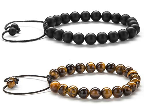 Hamoery Men Women 8mm Tiger Eye Stone Beads Bracelet Elastic Natural Stone Yoga Bracelet Bangle - color: Black and Brown