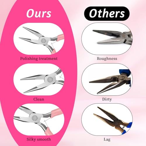 Mini Needle Nose Pliers Set, 2Pcs Needle Nosepliers for Jewelry Making, Pink Jewelry Chain Nose Plier, Small Craft Plier with Smooth Jaw and Comfort Grip Handle for Wire Bending Object Grasping - color: Pink