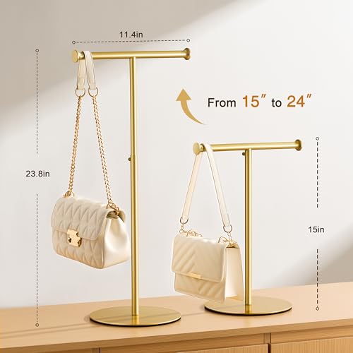niffgaff 2 Pack 15‘’-24‘’ T Bar Purse Display Stand Tabletop: Adjustable Height Handbag Holder, Countertop Hanging Rack for Long Necklace Scarf Lanyard, Gold - color: Gold