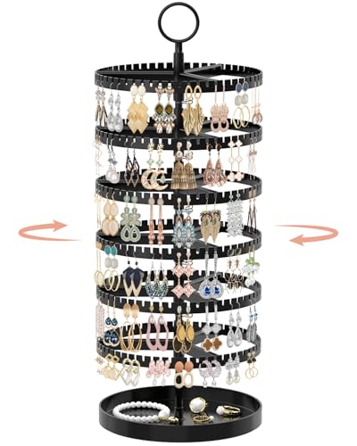 iDavosic.ly 6 Tier Rotating Earring Holder Organizer with Metal Tray, Adjustable Plastic Dangle Display Stands Tree with 342 Grooves, Large Hoop Storage Rack Tower, Black - color: Black, size: 6 Tiers