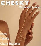 CHESKY 14K Gold Plated Hand Chain Bracelets for Women Set - Dainty Finger Ring Bracelet Stack Adjustable Hand Chains Durable Beaded Bracelets Trendy Simple Body Jewelry Gift for Women - style: 3thin bracelet-gold