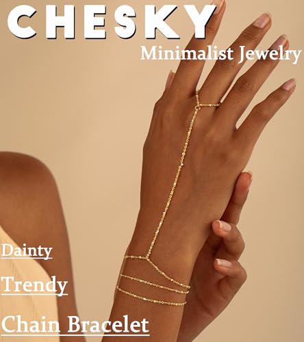 CHESKY 14K Gold Plated Hand Chain Bracelets for Women Set - Dainty Finger Ring Bracelet Stack Adjustable Hand Chains Durable Beaded Bracelets Trendy Simple Body Jewelry Gift for Women - style: 3thin bracelet-gold