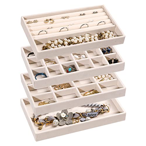 Frebeauty Jewelry Organizer Tray,Stackable Velvet Jewelry Trays,Drawer Inserts Earring Organizer For Women Jewelry Storage Display Case for Rings Stud Necklaces,Set of 4(Beige) - color: Beige, size: Set 4