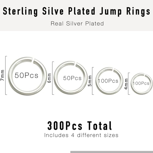 300PCs Silver Jump Rings for Jewelry Making, 4mm 5mm 6mm 7mm, Earring Bracelet Necklace Finding & Supplies (Sterling Silver Plated) - color: Silver
