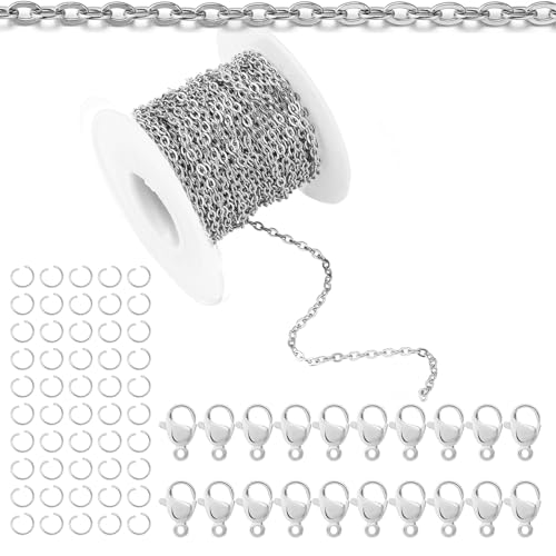 Topacket 33Feet Stainless Steel Necklace Chains Cable Link Chains for Jewelry Making DIY Craft Kit with Lobster Clasps Jump Rings - color: Stainless Steel, size: 2.5mm