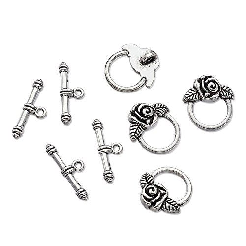 Craftdady 20 Sets Antique Silver Round Flower Toggle Clasps T Bar Closure Ring End Clasps for Bracelet Necklace Making - color: Antique Silver, 19x18mm