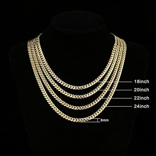 4/6mm Cuban Link Chains for Men - Gold/Silver Plated Stainless Steel Miami Curb Chain Necklace - No Tarnish Hip Hop Mens Jewelry, 18"/20"/22"/24" - color: 6MM Gold Chain, size: 22inch