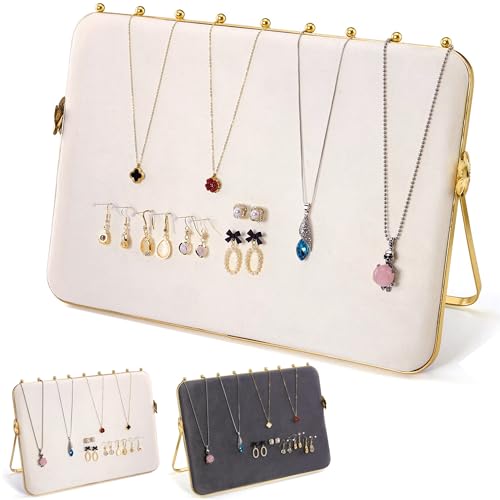 Mornajina 14 x 10 inches Velvet Necklace Display Stands for Selling, Large Metal Necklace Organizer Holder Stand Chain Jewelry Display Stand (Beige & Grey, 1 Pack) - color: Beige & Grey