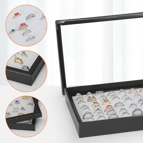 KUKUVR 100 Slots Ring Earring Holder Display Case, Velvet Jewelry Ring Earring Storage Organizer Box Tray with Clear Lid for Women And Selling Show (Black+White) - color: Black+White