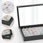 KUKUVR 100 Slots Ring Earring Holder Display Case, Velvet Jewelry Ring Earring Storage Organizer Box Tray with Clear Lid for Women And Selling Show (Black+White) - color: Black+White
