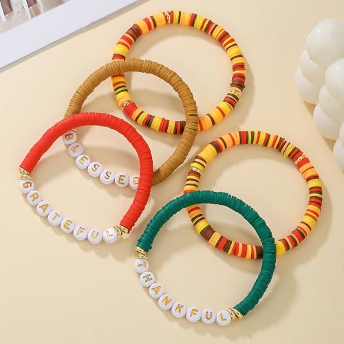 Thanksgiving Stackable Bracelet for Women Set Colorful Beads Rubber Ring Elastic Layering Letter Disc Maple Leaf Pendant Clay Stretch Fall Bracelets Fall Costume Bracelet Jewelry for Women - style: Style1
