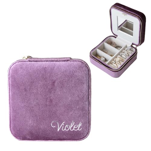 Customizable Compact Velvet Jewelry Box with Mirror, Travel Jewelry Case, Travel Jewelry Organizer, Jewelry Box for Women and Girls, Small Jewelry Organizer (Bottom Right Text, Mulberry) - color: Mulberry, size: Bottom Right Text Only