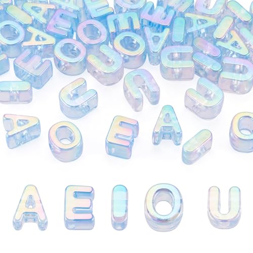 FASHEWELRY 50Pcs Vowel Letter Acrylic Beads Large Hole Alphabet A E I O U 3D Letters Iridescent Chunky Initial Big Plastic Letter Beads for Keychains Necklace DIY Arts Craft Projects Cornflower Blue - color: Cornflower Blue, size: Vowels