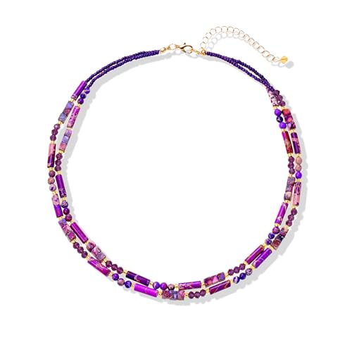 Elisheva Natural Stone Choker Necklace for Women, Boho Natural Emperor Jasper Stone Lace Agate Beaded Crystal Necklace, Gemstone Jewelry Gift for Her - style: 2 layered purple emperor stone