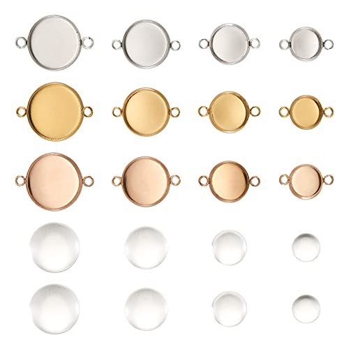 FASHEWELRY 36Pcs Stainless Steel Half Round Bezel Pendant Trays Connectors with Transparent Glass Cabochons Double Loops Base Connector Settings for DIY Jewelry Making - color: 3 Colors-36 Sets