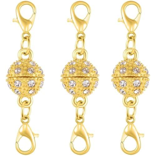 Magnetic Crystal Ball Jewelry Clasps Set, Gold and Silver Plated, Easy-to-Use Connectors with Lobster Closures for Necklaces (3pcs Golden) - color: 3pcs golden