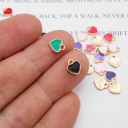 200 pcs Tiny Heart Enamel Charm Gold Plated Alloy Love Pendant Bracelet Earring Keychain Jewelry Crafts 6x8mm - color: Mixed