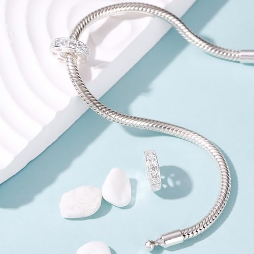 925 Sterling Silver Spacer Charm Bead with Clear CZ for Pandora Charms Bracelets - color: Clear Heart