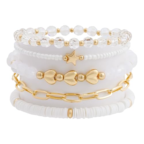 RISHEGAE Heishi Beaded Stretch Bracelets for Women Stackable Polymer Clay Beads Bracelets Friendship Boho Summer Beach Bracelet Jewelry Set - color: B-White Link