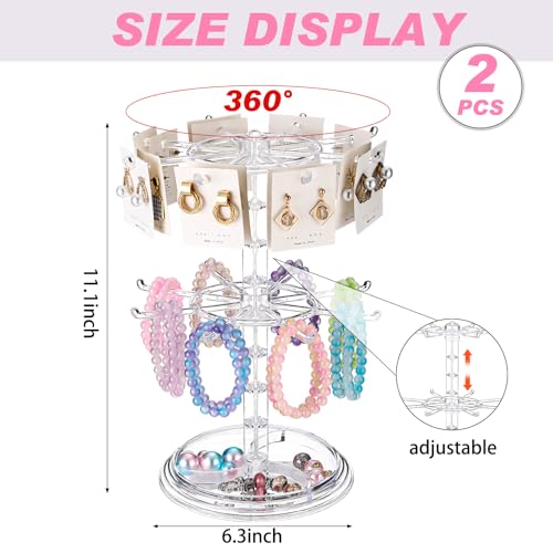 2 Pack Keychain Display Stand Rotating Jewelry 2 Tier Necklace Holder Plastic Spinning Bracelet Hanging Organizer Rotating Rack Earring Bracelet Stands for Vendors Malls Counter Dressing Table - color: Clear