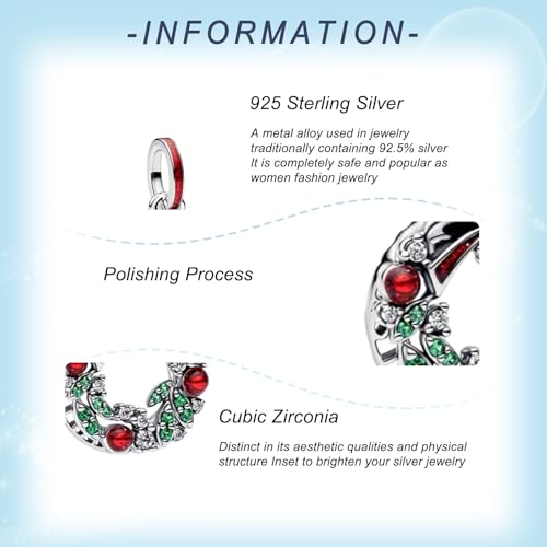 925 Sterling Silver Charms for Bracelets Gold Love and Heart Charms Cherry Blossom Dangle Beads Jewelry for Women - color: Christmas Wreath