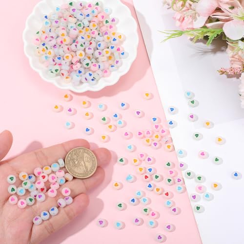 1 Box 600PCS 4X7MM Luminous Heart Beads Holes Acrylic Flat Round Glow in the Dark Plastic Colorful Love Shape Valentine Loose Bead Bulk for Jewelry Making Bracelet Necklace Diy Craft Supply