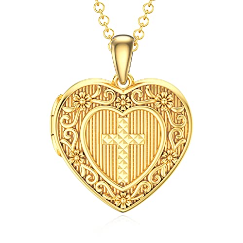 SOULMEET Personalized Silver Locket Necklace That Holds Pictures Photo Keep Someone Near to You, Memorial Custom Lockets Necklaces Letters Engraving for His Her - color: Q- Gold plated cross-Yellow, style: Locket Necklace Only