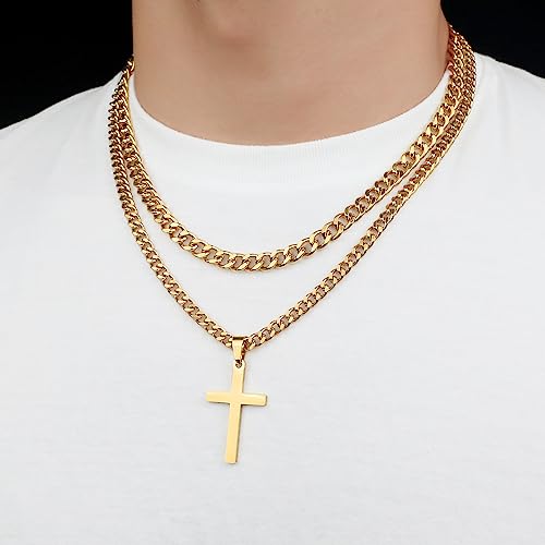 SENRAN Layered Cross Necklace for Men Boys Stainless Steel Layered Cuban Link Chain 16-24 inch Christian Cross Pendant Religious Jewelry Gifts - color: Gold, style: 18inch/20inch